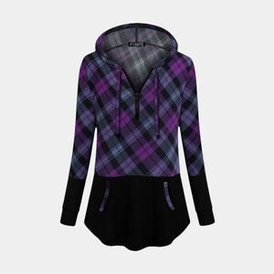 FINMYE Long Sleeve Hooded Purple Plaid Pullover Tunic Size XXL